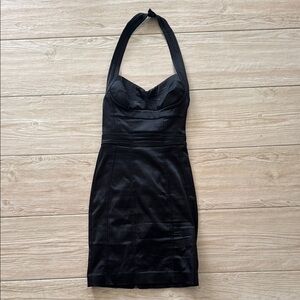 Bebe Black Satin Zip Back Halter Dress XXS